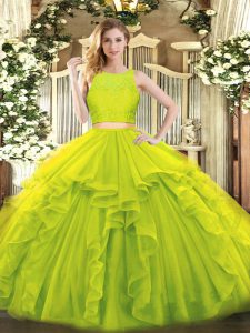 Hot Selling Yellow Green Zipper Scoop Ruffles 15 Quinceanera Dress Tulle Sleeveless