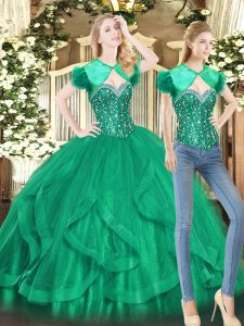 Modern Green Sweet 16 Quinceanera Dress Military Ball and Sweet 16 and Quinceanera with Beading and Ruffles Sweetheart Sleeveless Lace Up