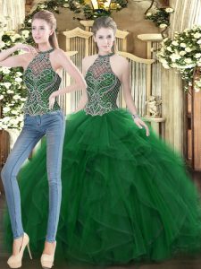 On Sale Organza High-neck Sleeveless Lace Up Beading and Ruffles Quinceanera Dresses in Dark Green