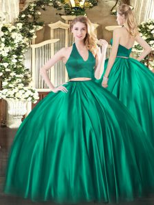 Dark Green Satin Zipper Halter Top Sleeveless Floor Length 15th Birthday Dress Ruching