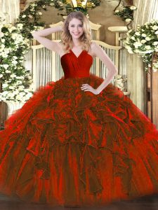 Ruffles Quince Ball Gowns Wine Red Zipper Sleeveless Floor Length