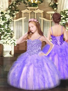 Floor Length Lavender Pageant Dress Toddler Organza Sleeveless Appliques and Ruffles
