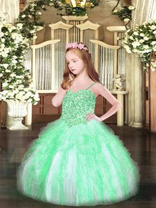 Elegant Appliques and Ruffles Little Girls Pageant Dress Apple Green Lace Up Sleeveless Floor Length