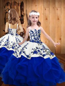 Royal Blue Lace Up Child Pageant Dress Embroidery and Ruffles Sleeveless Floor Length