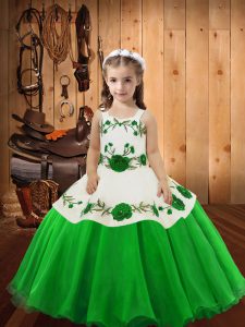 Sleeveless Floor Length Embroidery Lace Up Little Girls Pageant Dress with