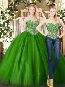 Noble Tulle Sweetheart Sleeveless Lace Up Beading Quince Ball Gowns in Dark Green