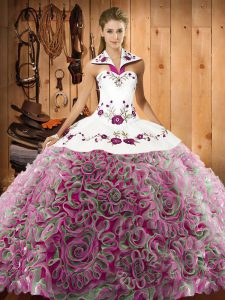 Multi-color Ball Gowns Embroidery Quinceanera Gown Lace Up Fabric With Rolling Flowers Sleeveless