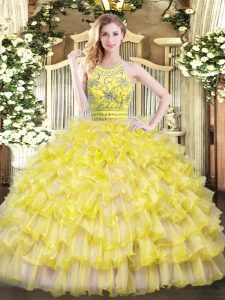 Sophisticated Gold Ball Gowns Tulle Halter Top Sleeveless Beading and Ruffles Floor Length Zipper Sweet 16 Dress