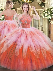 Halter Top Sleeveless Ball Gown Prom Dress Floor Length Beading and Ruffles Multi-color Tulle