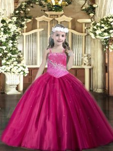 Tulle Straps Sleeveless Lace Up Beading Little Girl Pageant Dress in Fuchsia