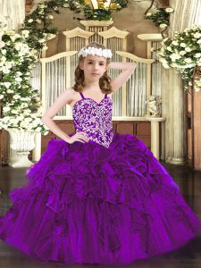 Purple Ball Gowns Organza Straps Sleeveless Beading and Ruffles Floor Length Lace Up Pageant Dresses