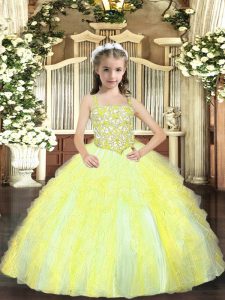 Latest Ball Gowns Pageant Dress Womens Yellow Green Straps Tulle Sleeveless Floor Length Lace Up