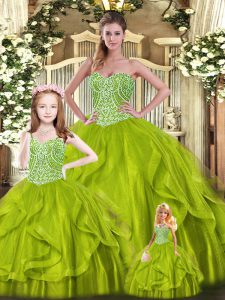 Olive Green Ball Gowns Sweetheart Sleeveless Organza Floor Length Lace Up Beading and Ruffles Quinceanera Dresses