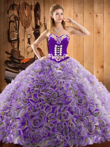 Graceful Sweetheart Sleeveless Sweep Train Lace Up Quinceanera Gown Multi-color Satin and Fabric With Rolling Flowers