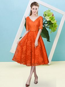 Lace V-neck Half Sleeves Lace Up Bowknot Dama Dress for Quinceanera in Orange Red