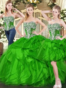 Green Organza Lace Up Vestidos de Quinceanera Sleeveless Floor Length Ruffles