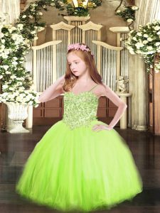 Yellow Green Ball Gowns Appliques Winning Pageant Gowns Lace Up Tulle Sleeveless Floor Length