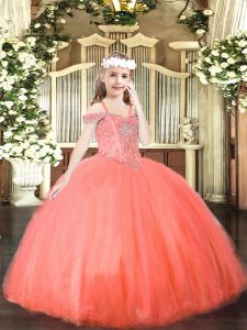 Gorgeous Coral Red Lace Up Child Pageant Dress Beading Sleeveless Floor Length