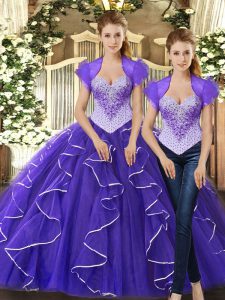 Lovely Purple Sleeveless Floor Length Beading and Ruffles Lace Up Vestidos de Quinceanera