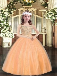 Stunning Orange Ball Gowns Beading Pageant Dress Wholesale Lace Up Tulle Sleeveless Floor Length