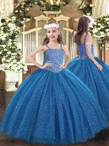 Sleeveless Tulle Floor Length Lace Up Custom Made Pageant Dress in Blue with Beading