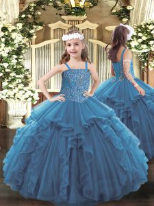 Affordable Tulle Straps Sleeveless Lace Up Beading and Ruffles Glitz Pageant Dress in Teal