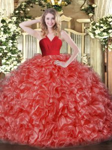 Superior Red Organza Zipper V-neck Sleeveless Floor Length 15 Quinceanera Dress Ruffles