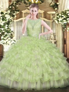 Dynamic Yellow Green Sleeveless Beading and Ruffled Layers Floor Length Quinceanera Gowns