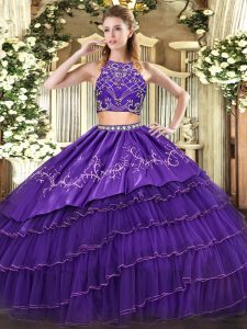 Artistic Purple Two Pieces Beading and Embroidery and Ruffled Layers 15th Birthday Dress Zipper Tulle Sleeveless Floor Length