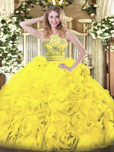 Floor Length Gold Quinceanera Dress Tulle Sleeveless Beading and Ruffles