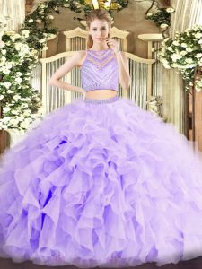 Classical Lavender Two Pieces Organza Scoop Sleeveless Beading and Ruffles Floor Length Zipper 15 Quinceanera Dress