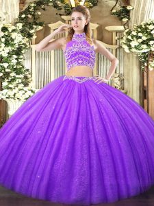 Cute Lavender Tulle Backless High-neck Sleeveless Floor Length 15 Quinceanera Dress Beading