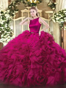 Fashion Floor Length Clasp Handle Quinceanera Gowns Fuchsia for Military Ball and Sweet 16 and Quinceanera with Belt