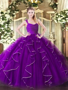 Floor Length Eggplant Purple 15th Birthday Dress Organza Sleeveless Ruffles