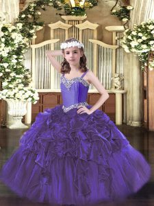 Dramatic Purple Straps Lace Up Beading and Ruffles Kids Formal Wear Sleeveless