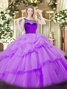 Lavender Ball Gowns Scoop Sleeveless Organza Floor Length Zipper Beading and Pick Ups Quinceanera Dress