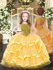 Super Sleeveless Zipper Floor Length Beading and Ruffled Layers Custom Made Pageant Dress