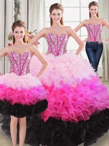 Organza Sweetheart Sleeveless Lace Up Beading and Ruffles Quinceanera Gown in Multi-color