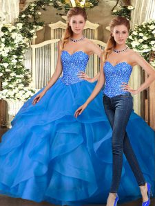 Floor Length Lace Up Quinceanera Dress Blue for Military Ball and Sweet 16 and Quinceanera with Beading and Ruffles