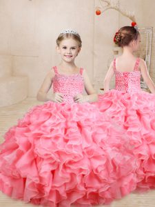 Hot Sale Beading and Ruffles Kids Pageant Dress Watermelon Red Lace Up Sleeveless Floor Length