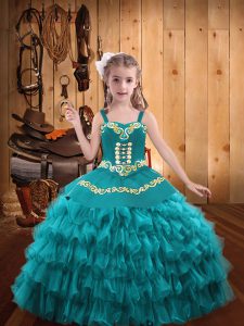 Inexpensive Organza Sleeveless Floor Length Pageant Gowns For Girls and Embroidery and Ruffled Layers