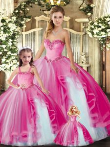 Fuchsia Ball Gowns Organza Sweetheart Sleeveless Beading and Ruffles Floor Length Lace Up Quinceanera Dresses