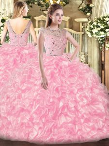 Rose Pink Tulle Zipper Quinceanera Dresses Sleeveless Floor Length Beading and Ruffles