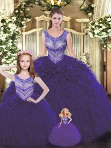 Fantastic Dark Purple Scoop Lace Up Beading and Ruffles Quince Ball Gowns Sleeveless