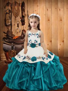 Teal Little Girls Pageant Gowns Sweet 16 and Quinceanera with Embroidery and Ruffles Straps Sleeveless Lace Up