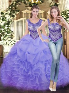 Shining Scoop Sleeveless Tulle Sweet 16 Dress Beading and Ruffles Lace Up