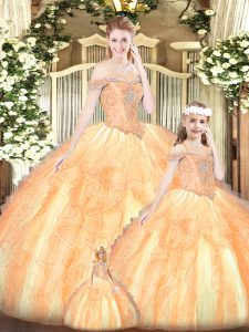 Classical Sleeveless Tulle Floor Length Lace Up Quinceanera Dress in Orange Red with Beading and Ruffles