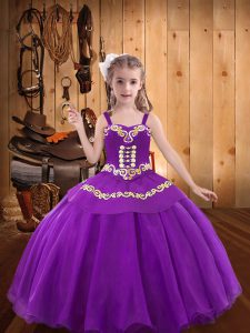 Modern Sleeveless Floor Length Ruffles Lace Up Little Girl Pageant Gowns with Eggplant Purple