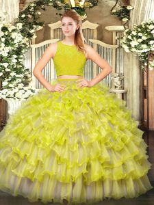 Yellow Green Two Pieces Tulle Scoop Sleeveless Ruffled Layers Floor Length Zipper Ball Gown Prom Dress