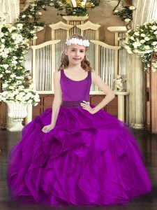 Fuchsia Ball Gowns Beading and Ruffles Little Girl Pageant Gowns Zipper Organza Sleeveless Floor Length